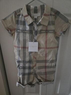 Burberry Beige and Gray Plaid Short Sleeve Romper